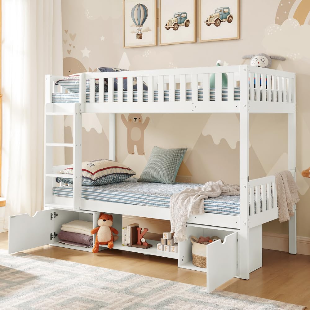 Cama infantil de madera de pino maciza, 90 x 200 cm, cama doble desmontable con barandillas de seguridad, cajones y escalera, utilizable como 2 camas individuales