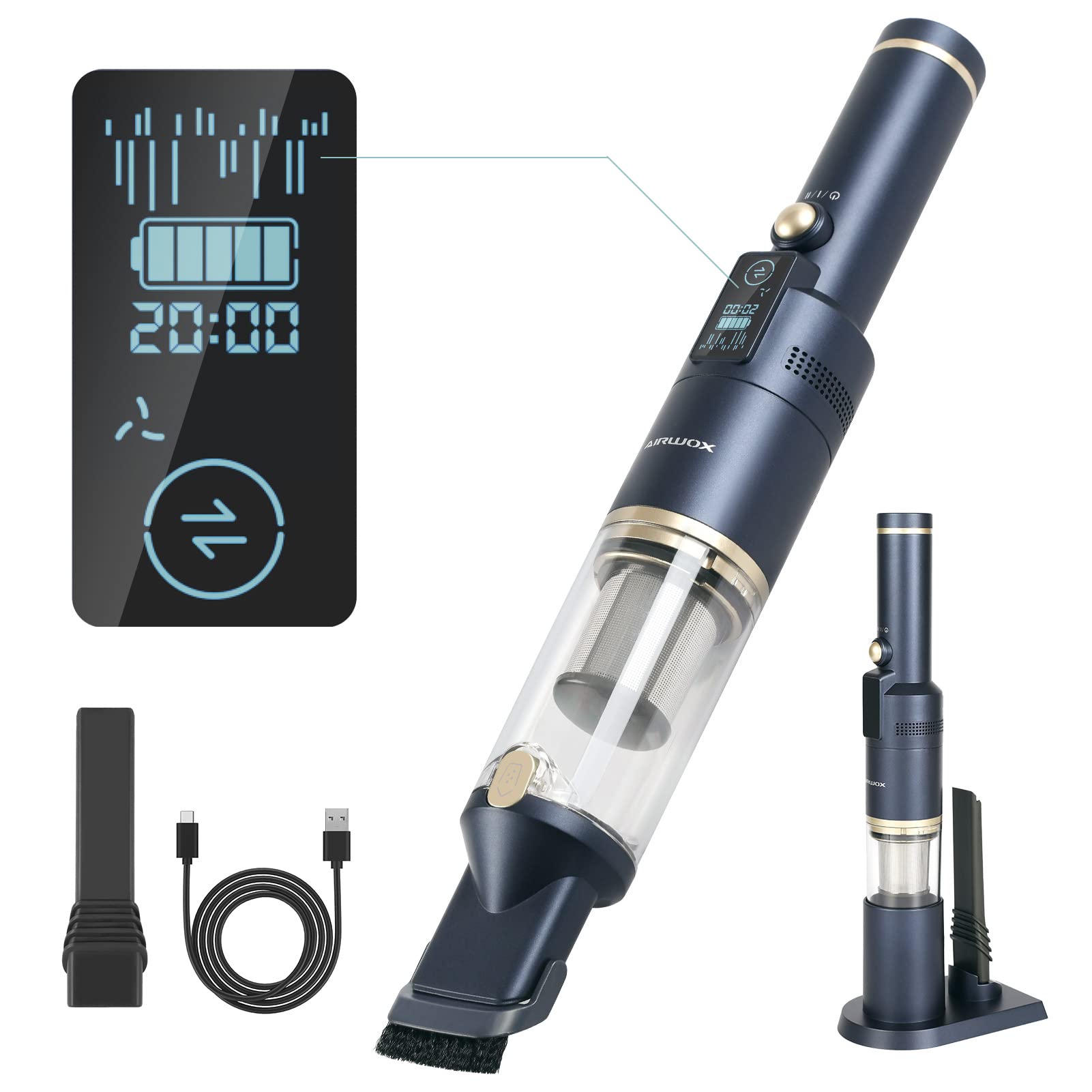AIRWOX Cordless Handheld Vacuum, 12KPA High Power Hand held Vacuum with Brushless Motor and LED Screen, Car Vacuum Cordless Rechargeable for Car and Home Cleaning