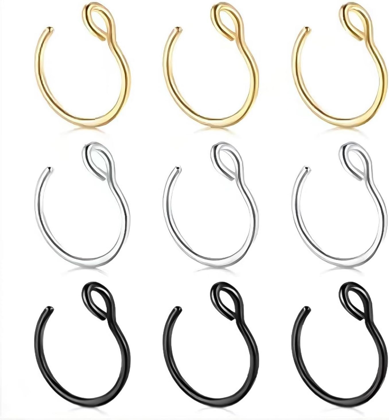 INBOLM 9 Pcs Fake Nose Rings Set, Clip on Nose Ring, Small Nose Hoop for Faux Lip Septum Belly