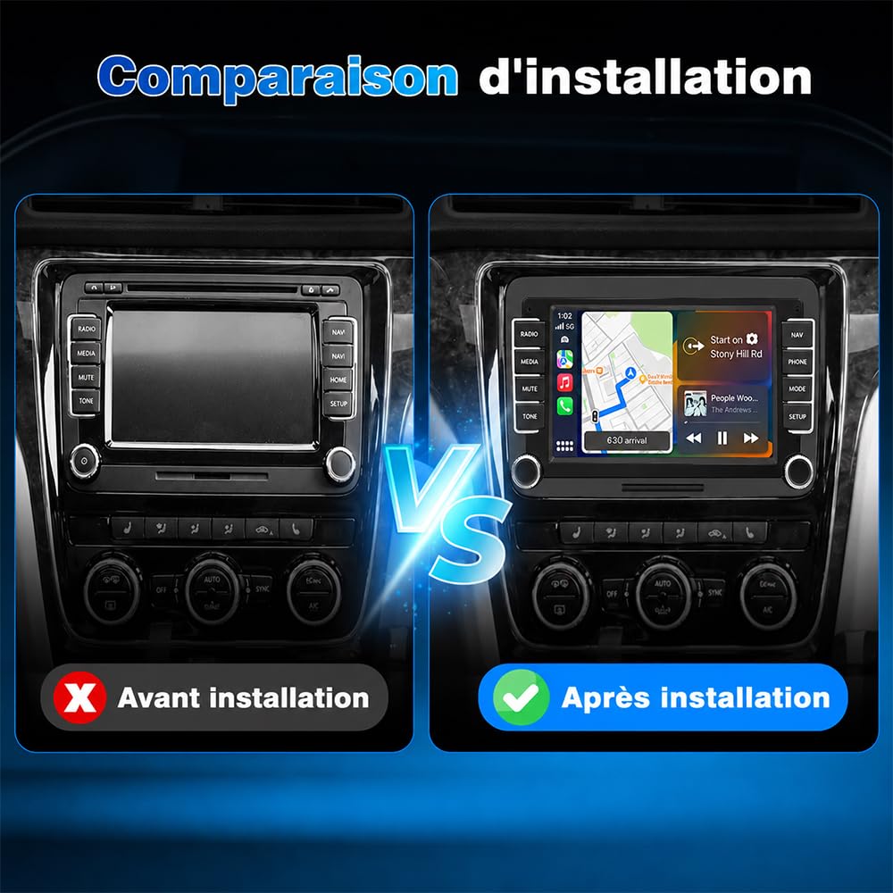 [3s Démarrage] Junsun Autoradio 7" Carplay pour VW Golf 5 6 Polo, CarPlay & Android Auto sans Fil, Bluetooth, FM Radio, DSP, 4x45W, Caméra Recul Dyn.