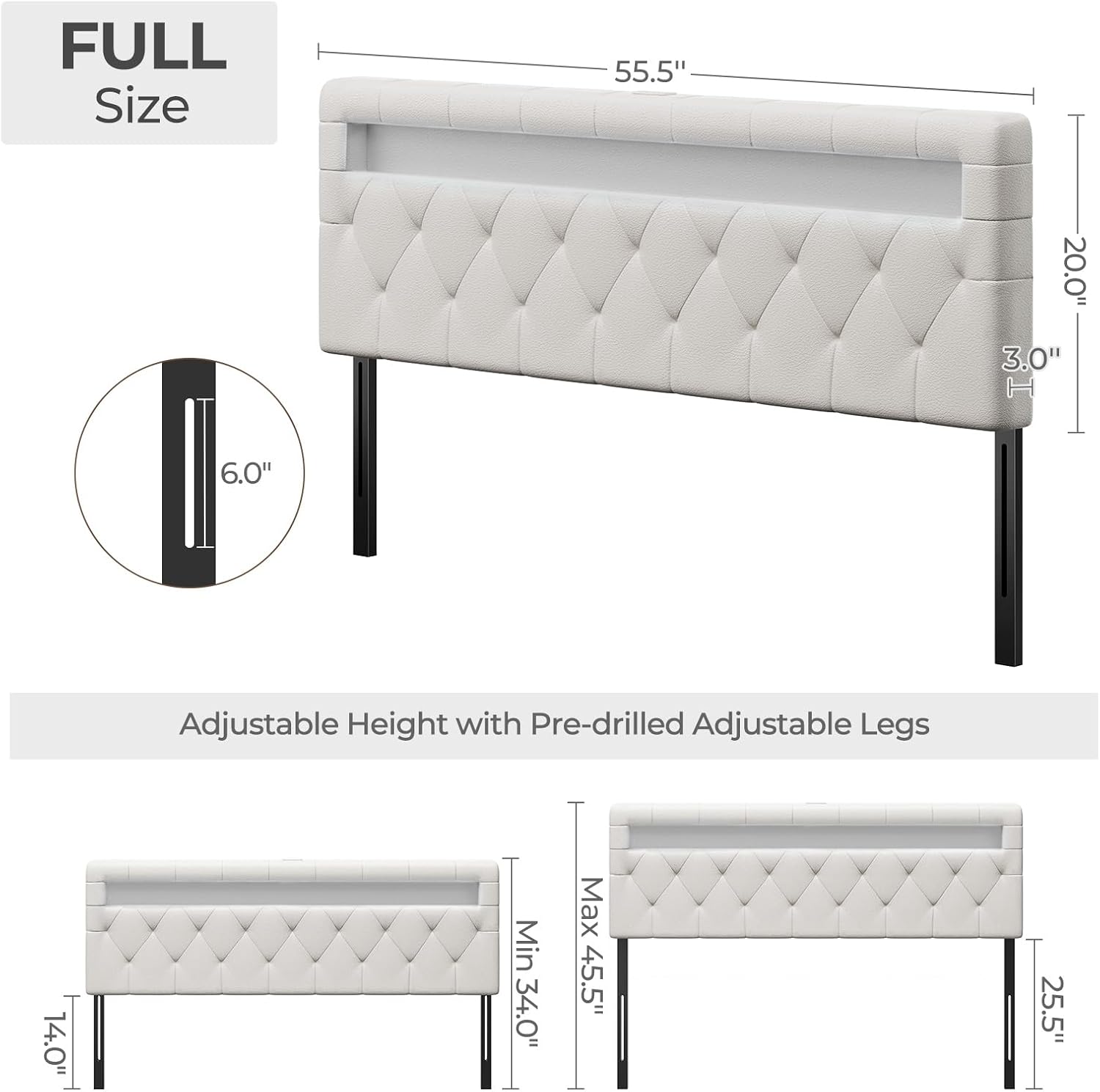 GREENSTELL Headboard for Full Size Bed with 60,000 DIY Color of LED Light, USB & Type C Post, Attach Frame, Height Adjustable, White Leather Wall Mounted Head Boards Only, Sturdy & Stable, Full