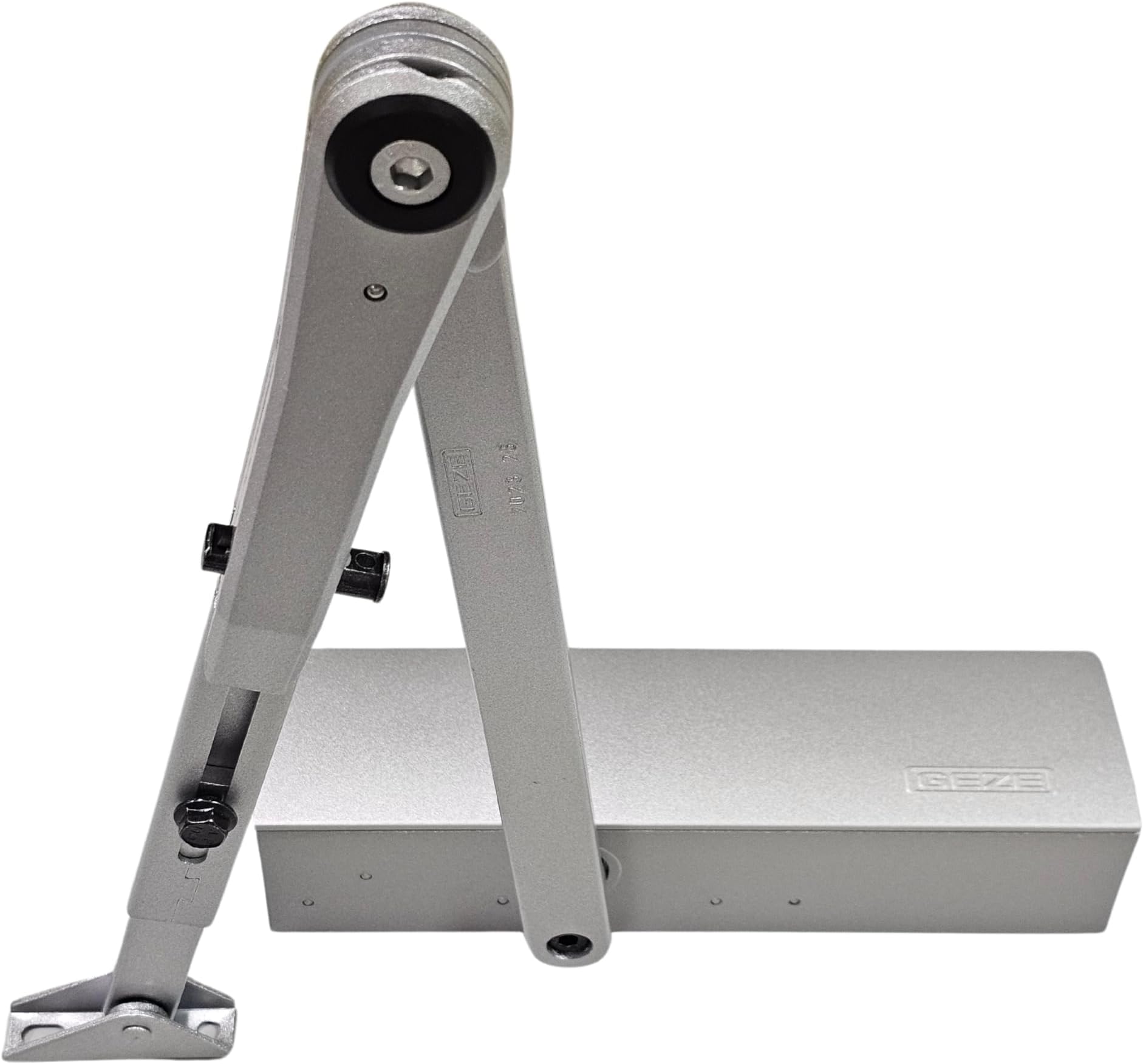 GEZE TS 2000 V BC Silver Pole Door Closer for Single-Wing Doors up to 1250 mm Blade Width with On and Off Locking Lever 102445 and Mounting Plate Set 3 in 1