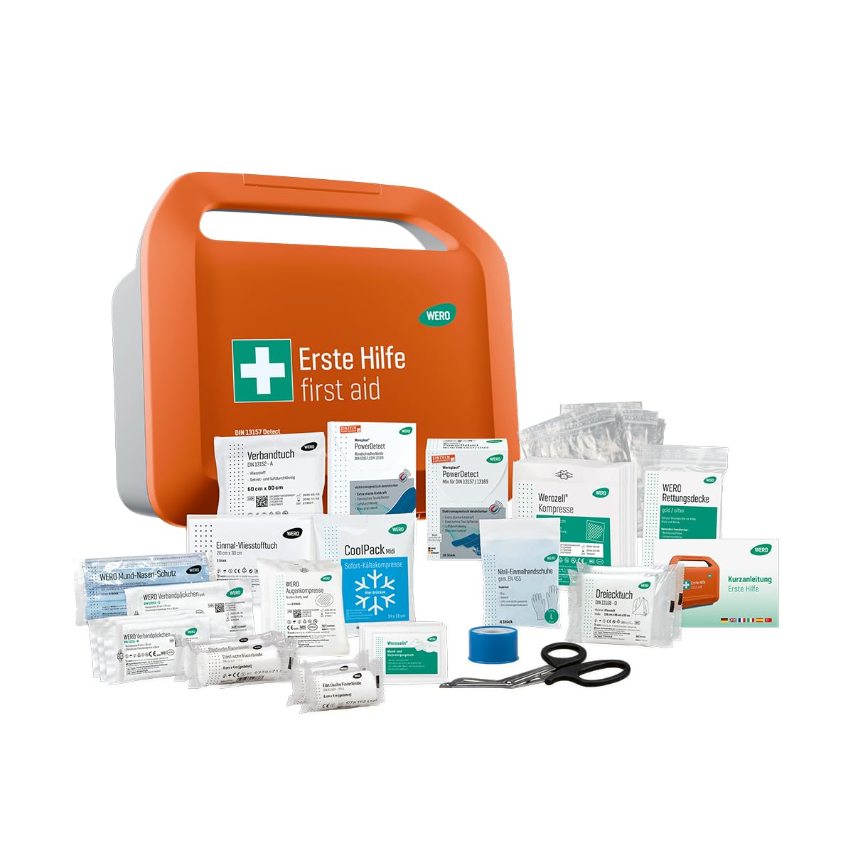 Erste-Hilfe-Koffer WERO Smart Case klein DIN 13157 | mit Weroplast® PowerDetect Pflastern, staub- & spritzwassergeschützt, mit Farbleitsystem, mit Wandhalterung