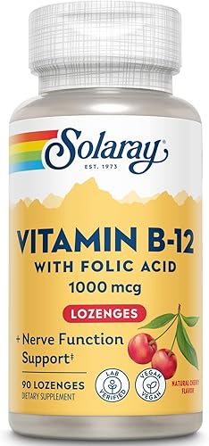 Solaray Pastillas de vitamina B-12 de 1000 mcg con ácido fólico sabor a cereza natural Apoyo energético saludable 90 CT