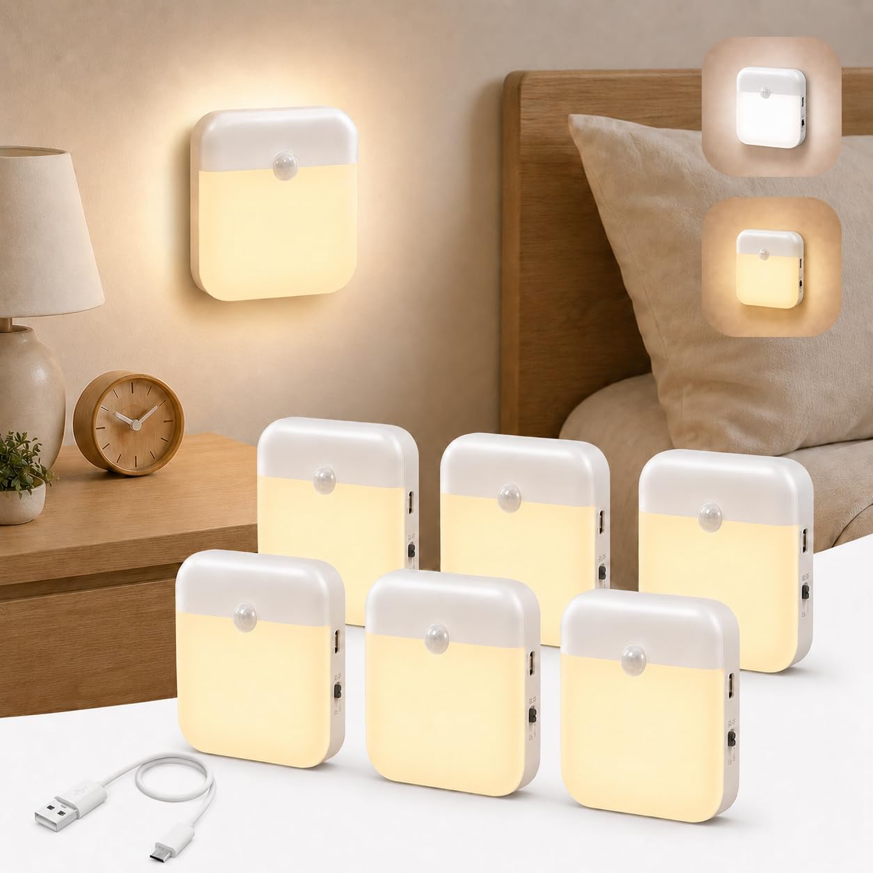Nachtlicht mit Bewegungsmelder Akku Aufladbar Typ-C Innen, LED Nachtlampe 36 LEDs Treppenlicht mit Dämmerungssensorfür Flur, Schrank, Kinderzimmer, Treppe, 6er Pack, Warmweiß und Weiß (Umschaltbar)