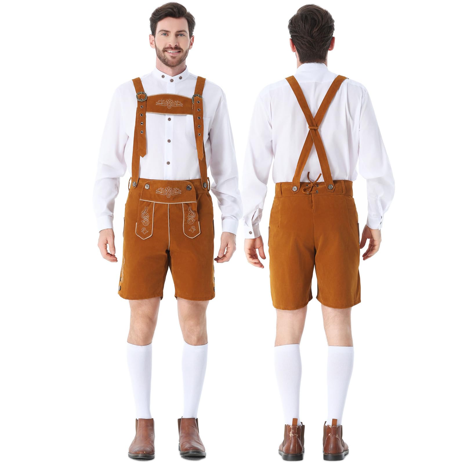 Lederhose Herren Kurz Elegante Trachtenlederhose mit Trägern, Trachten Kunstleder in Hirschleder Lederhosen Oktoberfest Outfit