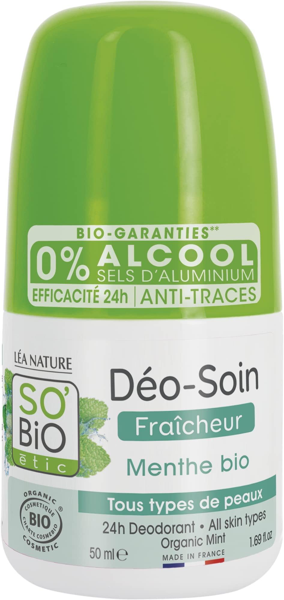 So'Bio Étic Organic Deodorant Roll On For Unisex, Fresh Organic Mint, 50 ml | Long Lasting Freshness | Aluminum free | Alcohol Free | Paraben Free | Dermatologically Tested