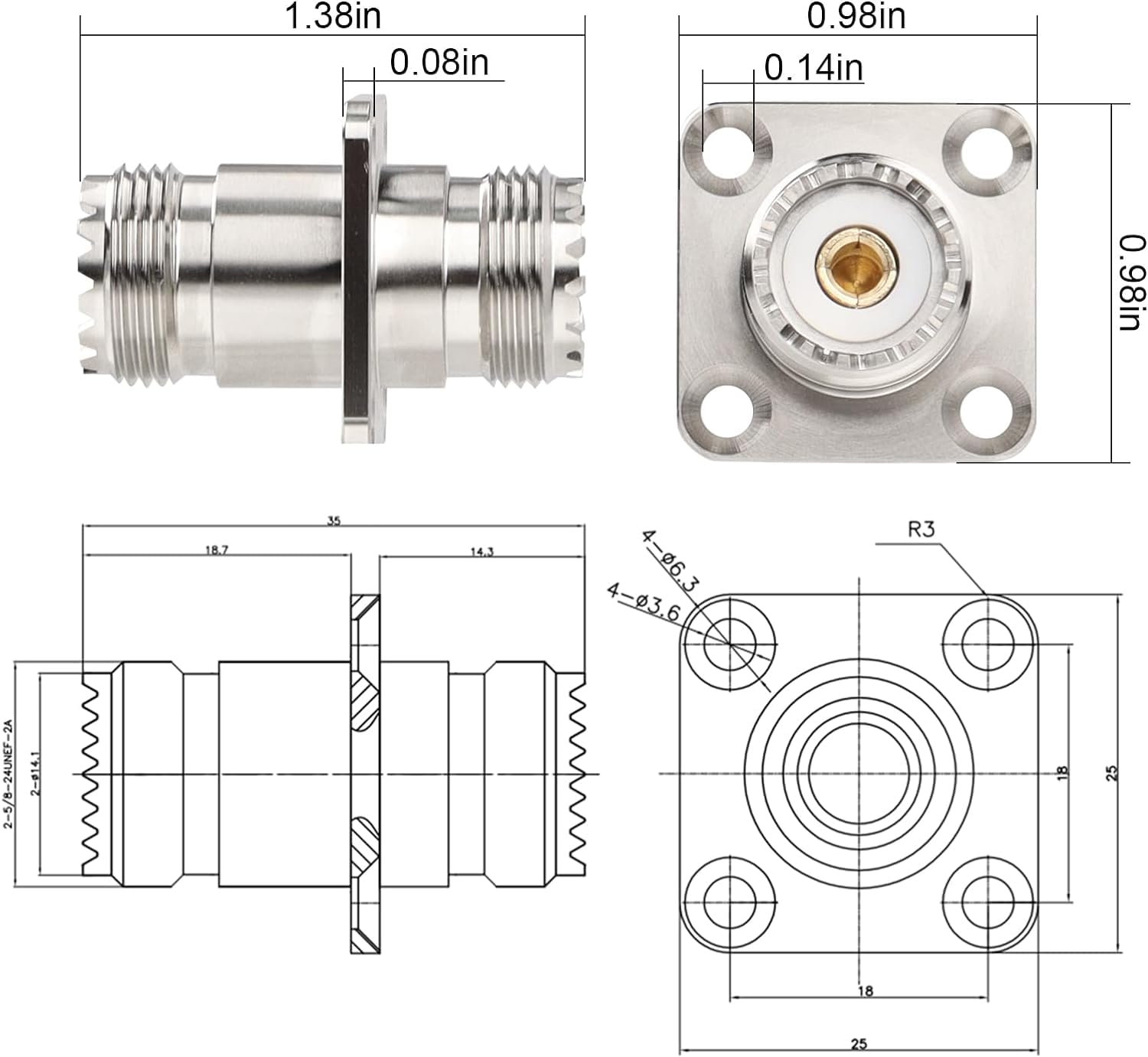 4x SO-239 Adapter UHF Weiblich Auf UHF Weiblich - Messing, Vernickelt, Für Antennen & Funk