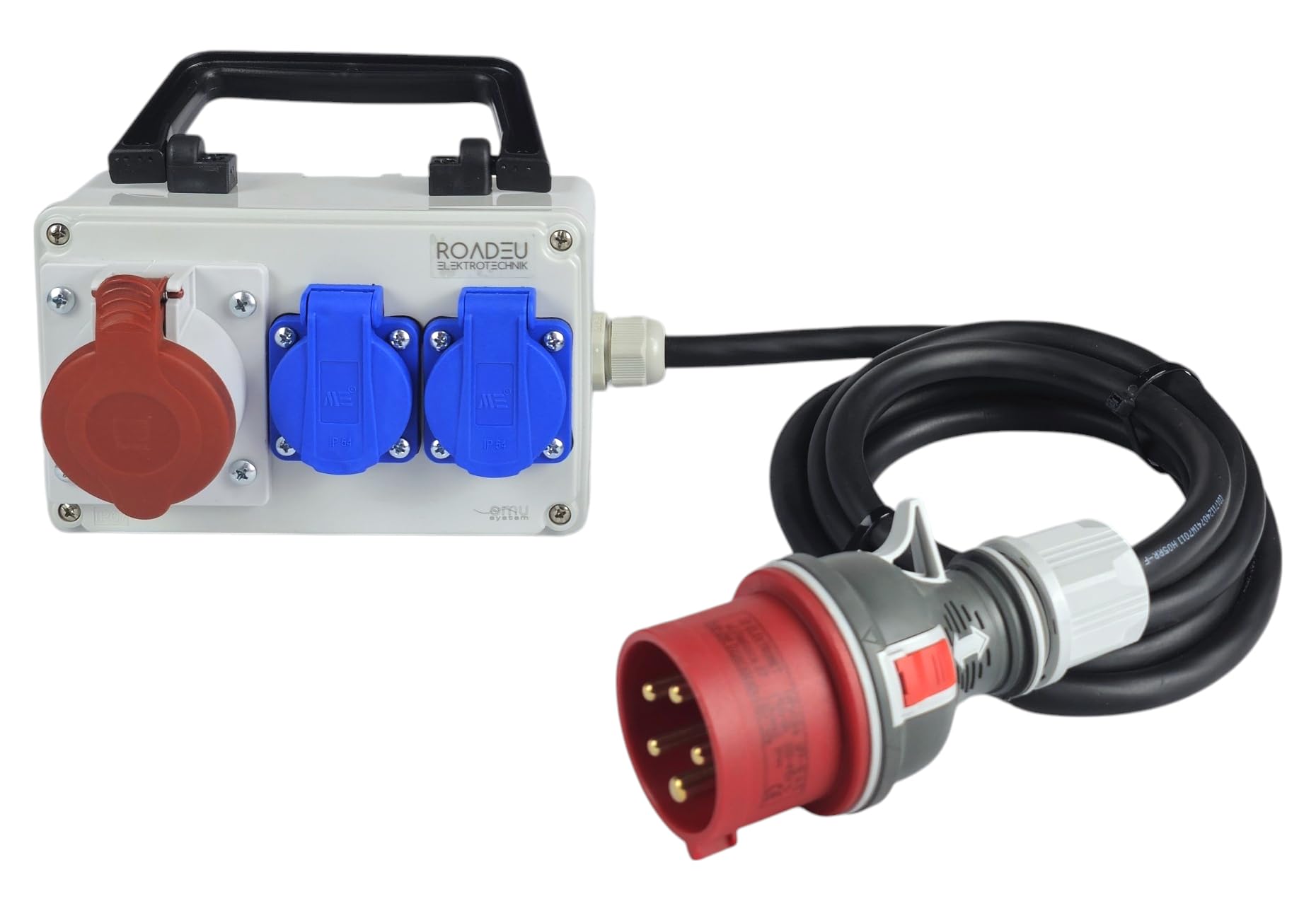 RoadEu - CEE Steckdose 16A und 2x Schuko Verteiler - Steckdosenverteiler - Stromverteiler 16A, Mobilverteiler - Stromkabel 10 meter - Baustromverteiler mit CEE Stecker 16A