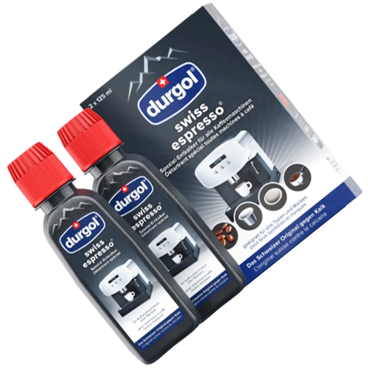 durgol swiss espresso Spezial-Entkalker – Kalkentferner für Kaffeemaschinen aller Typen und Arten – Einfache Reinigung ohne Einwirkzeit & Rückstände – Deutsche Version – 2x125ml