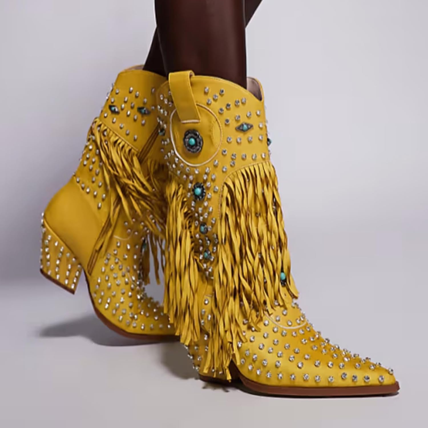 Fringe Cowboy Boots for Women Cowgirl Boots Womens Sparkly Rhinestone Boot with Chunky Heel Wide Mid Calf Pointed Toe Boot Side Zipper Dress Shoes
