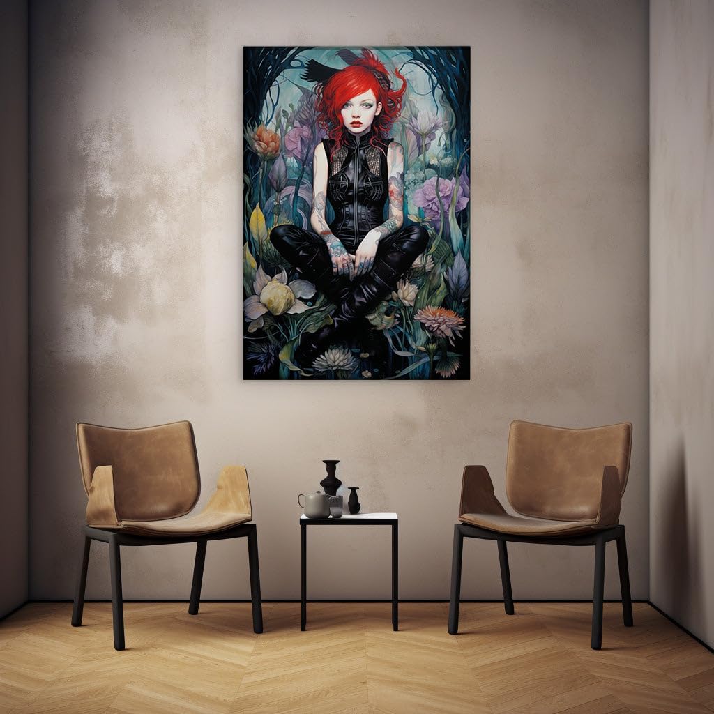 Canvas for Living room. Enigmatic Redhead in a Leather Ensemble Amidst a Flourishing Floral Eden, 27 x 18 inch Canvas Wall Art - Ready to Hang - 69x46 cm (27x18 inch)