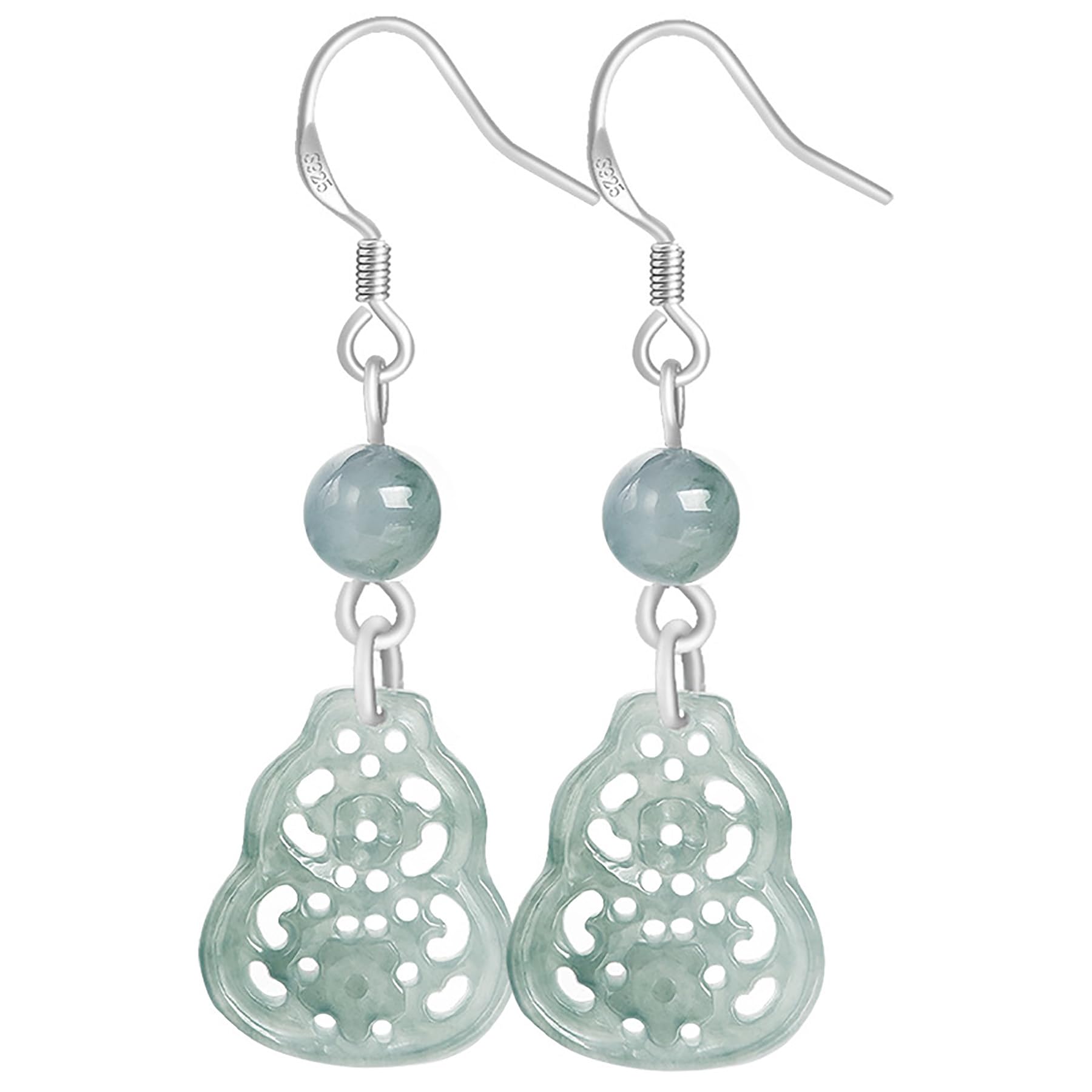 Jade Earrings Feng Shui Wealth Jewelry Green Fei Cui Jadeit Antique Gourd Wu Lou Pendant Hollow-Cut Flowers Longevity Calabash Crystal Ear Stud Pure Silver Parts Chakra Balance Quartz Dangler