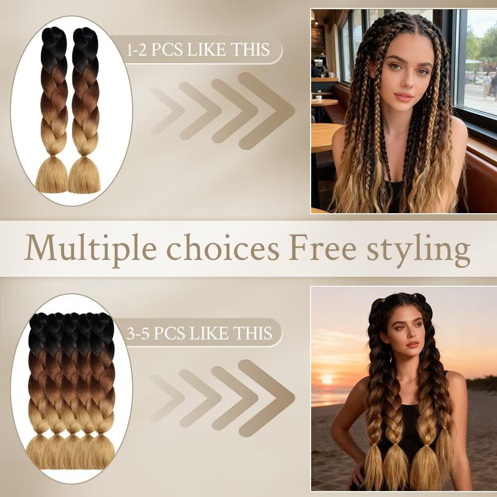 ShowJarlly Treccie Africane Extension 24", Treccia Capelli, Ombre Jumbo Treccia Capelli Fibra treccia di scatola, Per Crochet Twist Intrecciare I Capelli (1B/Marrone Scuro/Marrone Chiaro)