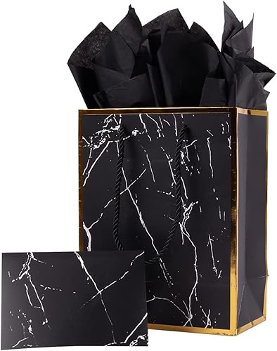 Miniatura 2 de ysmile Bolsa de papel de regalo de mármol negro con papel de seda para hombres, bolsa de regalo de cumpleaños, paquete de 2 (mediano y grande)