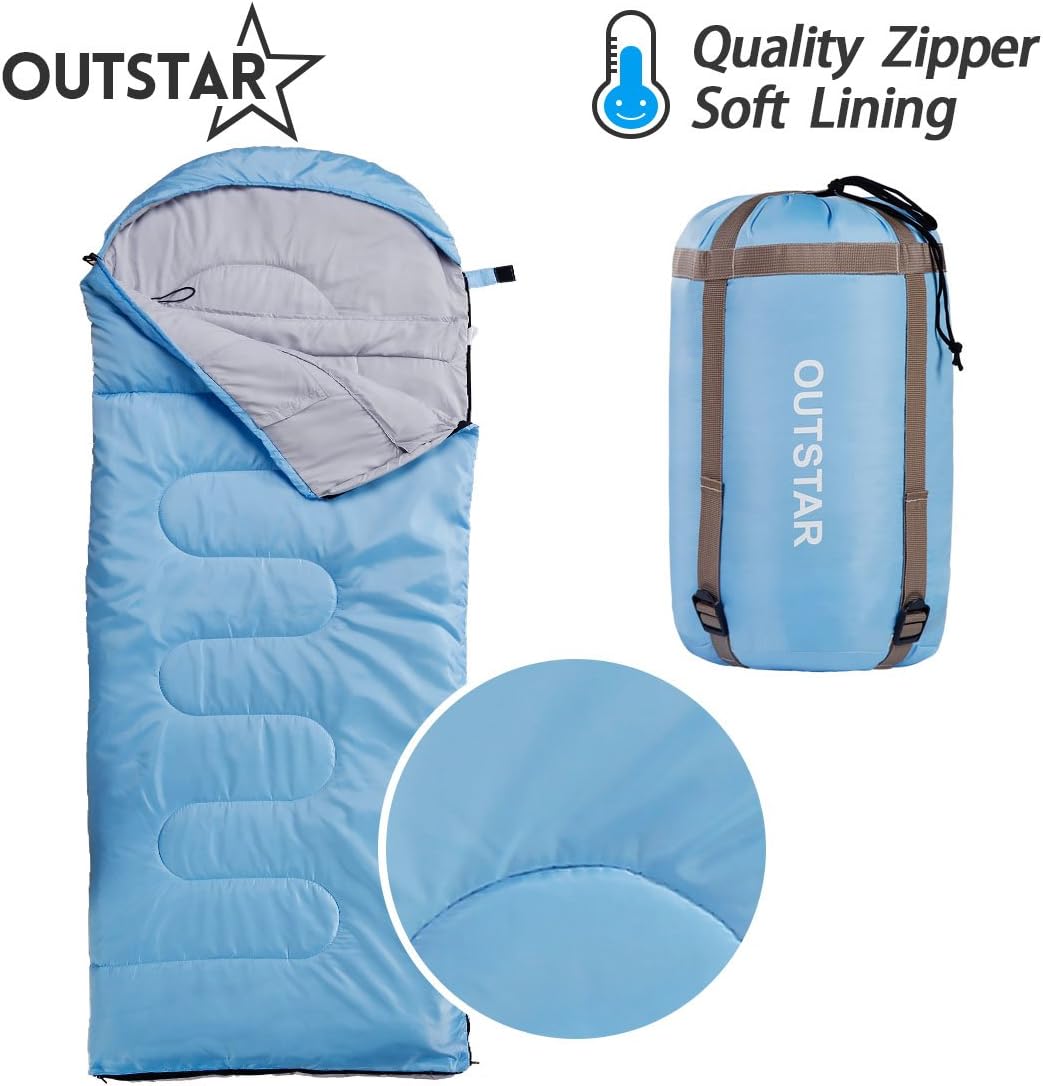 OUTSTAR Lightweight Waterproof Envelope Sleeping Bag with Compression Sack for Kids or Adults Outdoor Camping, Travelling, Hiking & Backpacking (Lake Blue, Envelope)