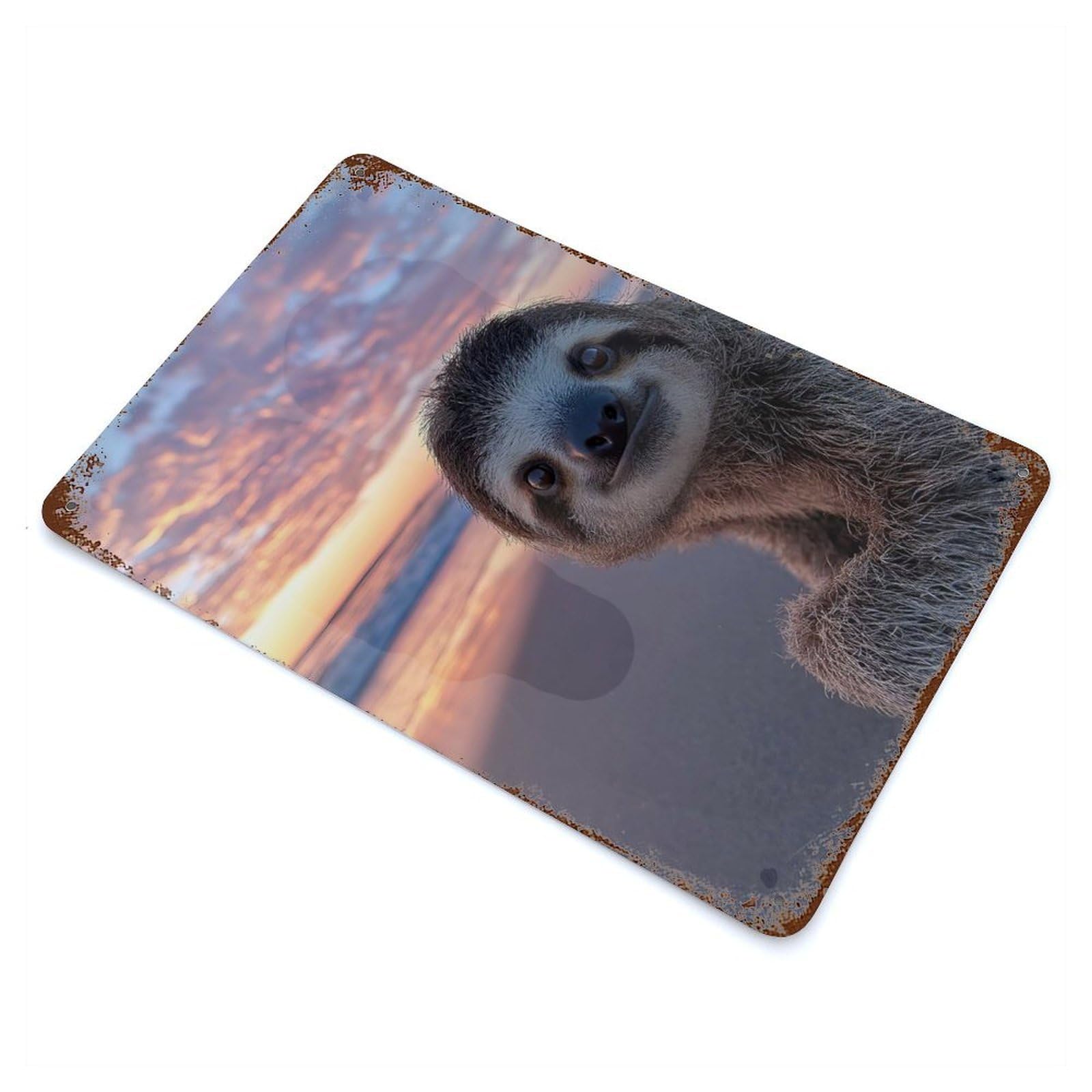 Cute Sloth at Sunset Beach Decorative Tin Sign 11.8"x7.9", Ideal for Cafe, Home Bar And Lounge Decor