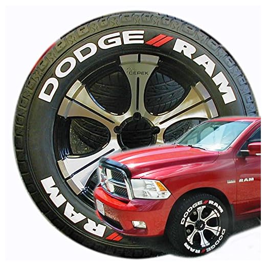 Tire Stickers Dodge RAM Truck Tire Lettering Accessory Kit - Easy DIY Permanent Glue On Rubber with 2oz Touch-Up Cleaner / 18-21 Inch Wheels / 1.50 Inches/White/Red / 8 Pack