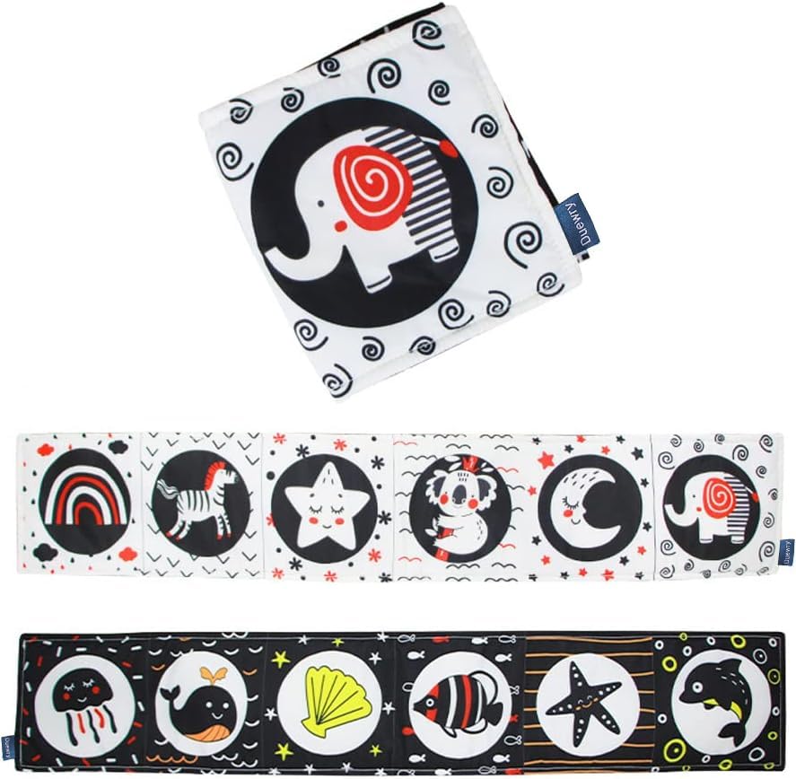 Image of Duewry Baby Sensory Toys, Black and White Soft Book, High Contrast Tummy Time Toys 0-3 Months Montessori Crinkle Baby Soft Books Early Educational Stimulation Toys for Infants Toddlers