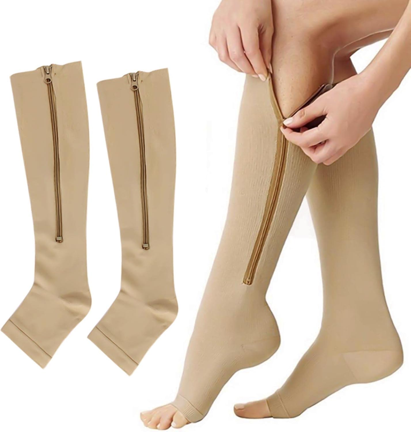 AYNKH Extra Large 2030 mmHg Compression Socks with Zipper, Knee High Open Toe Support Stockings