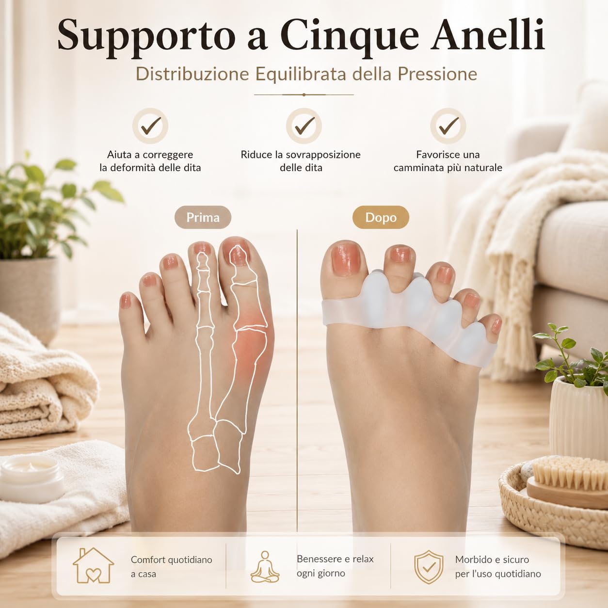 Distanfix Alluce Valgo Correttore Dita Piedi con Design a Cinque Fori Morbido Silicone per Comfort Camminata Yoga e Riposo (Bianco)