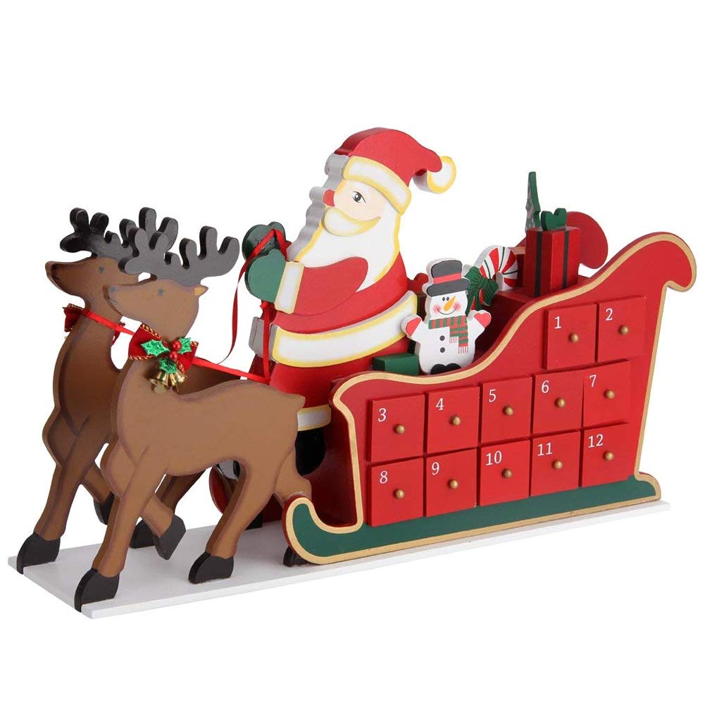 Bakaji Calendrier de l'Avent de Noël en bois avec 24 tiroirs numérotés pour surprise, décorations de Noël, maison (sange Père Noël)