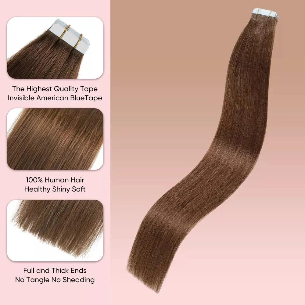 Cinta de 20 piezas con brillo total en extensiones de cabello humano Remy, pelos de trama de piel invisibles sin costuras, pelo brasileño de longitud adicional(Red,20 inch)