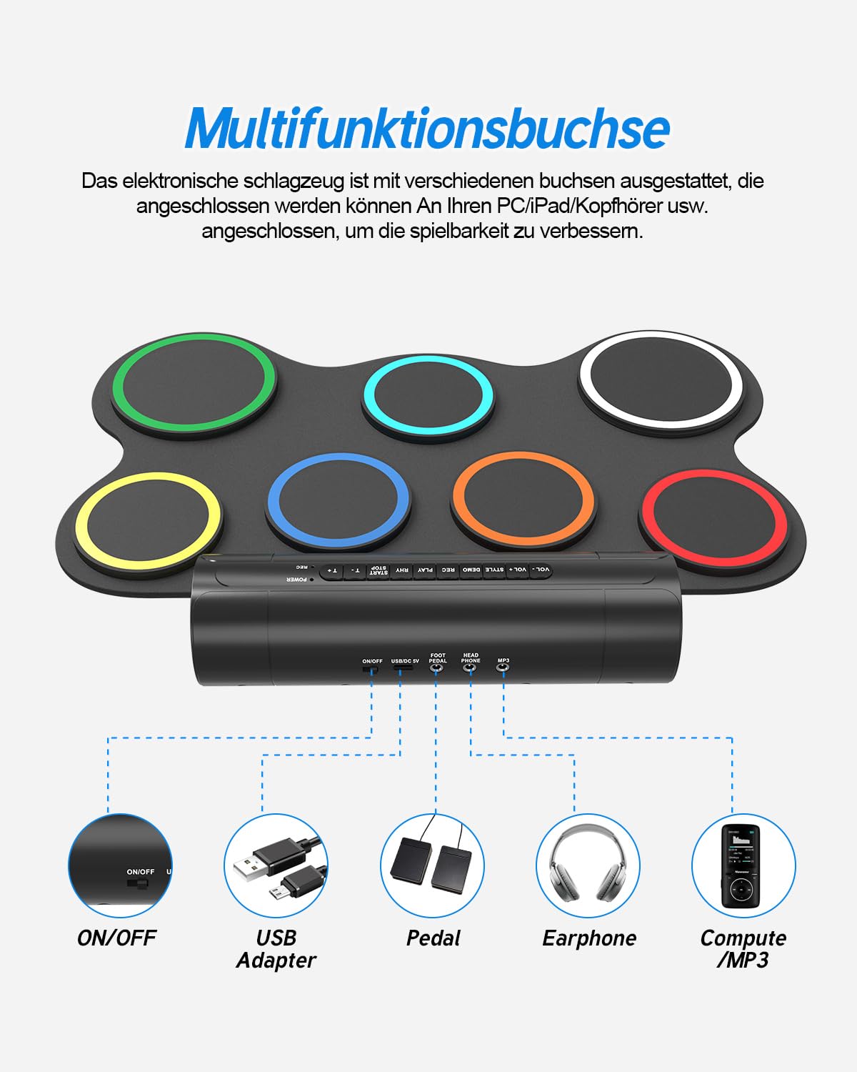 Schlagzeug Elektronisch, 7 Pads Faltbares Elektronisches Schlagzeug mit Drumsticks und Dual Speakers, Farbe Tragrbares Elektrische Drum set für Kinder, Anfänger Geburtstag und Geschenk
