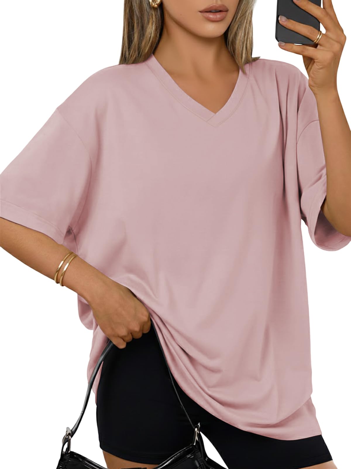 Cuptacc T-Shirt Damen Herbst Mode Überschnittene Schultern Solid Elegant Shirt Seitenschlitze Urlaub Basic Vielseitig Oberteile Damen Rosa S Klein
