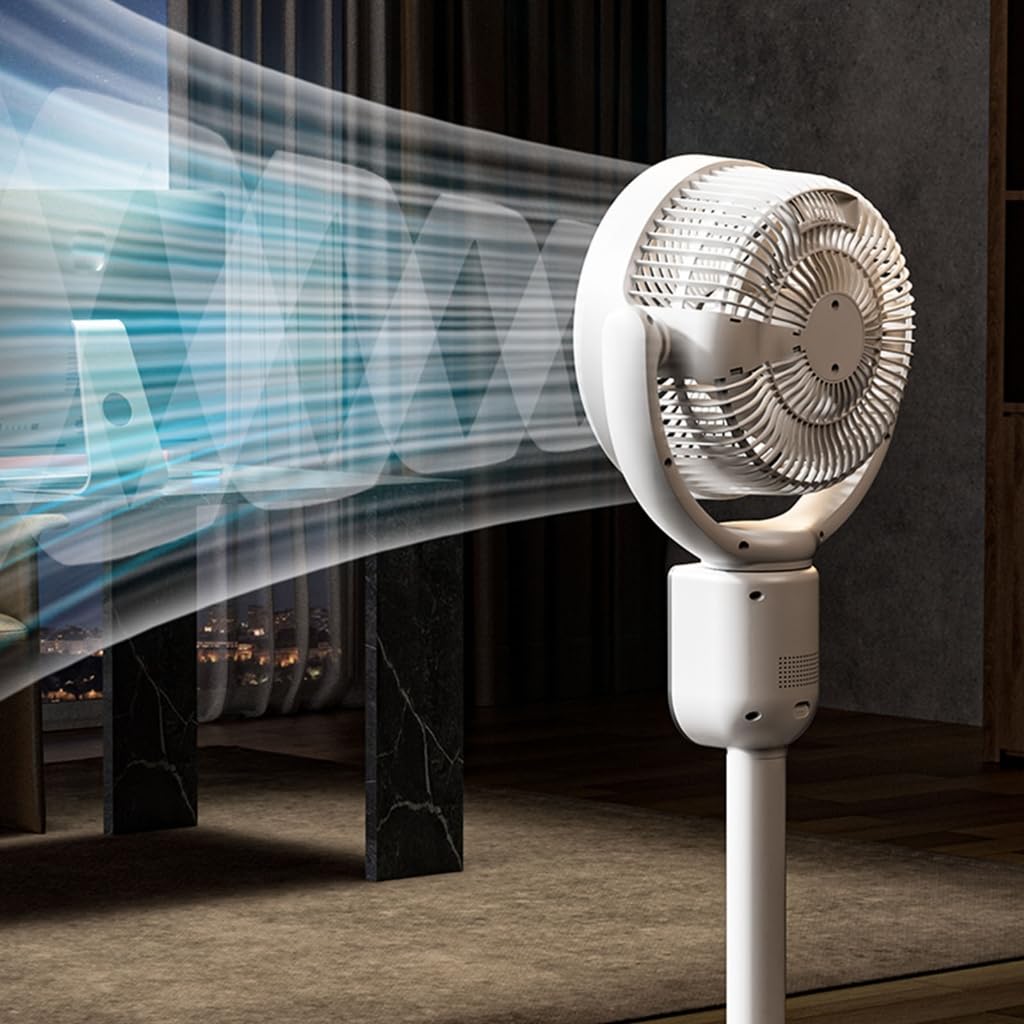Ventilateur sur Pied Silencieux et Puissant avec Télécommande pour Chambre, 4800 mAh Rechargeable, 4 Vitesses Réglable, Oscillation Automatique, Minuterie 9, Couvrant Jusqu'à 28 m²
