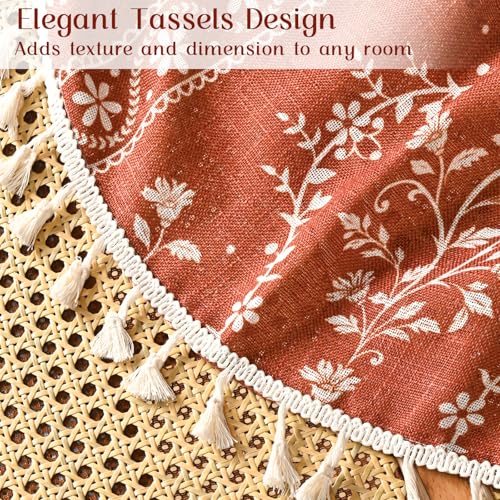 Image of Yinhua Boho Kitchen Curtains 36 Inch Length Vintage Linen Burnt Orange Cafe Curtains Light Filtering Floral Tier Rod Pocket Farmhouse Rustic Tassel Terracotta Small Drapes with Tiebacks, 2 Panels