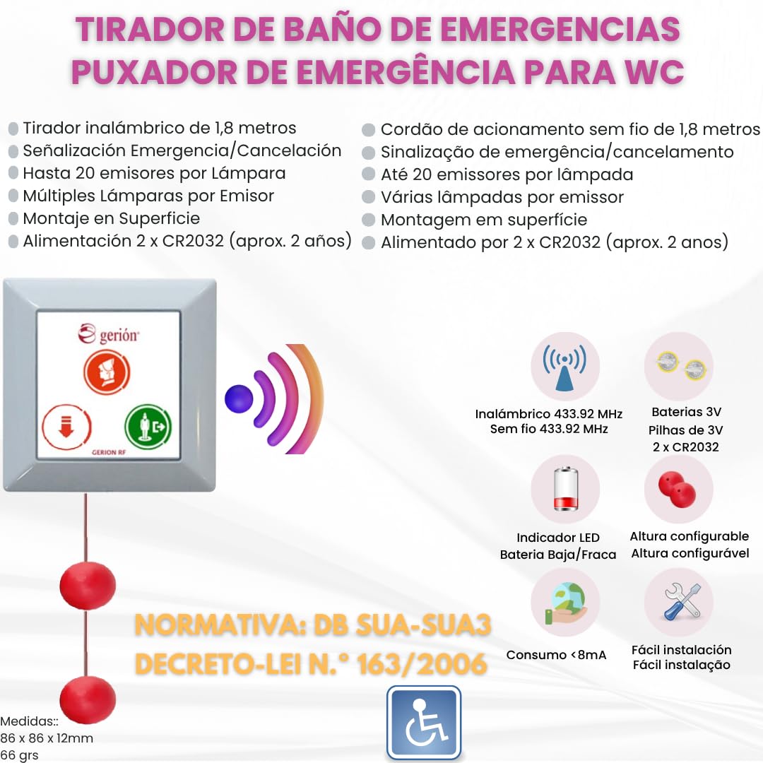 Kit Llamada Alarma Emergencia Inalámbrico Tirador Pulsador Aviso Acústico Lámpara Alta Visibilidad Baños Asistidos Adaptados