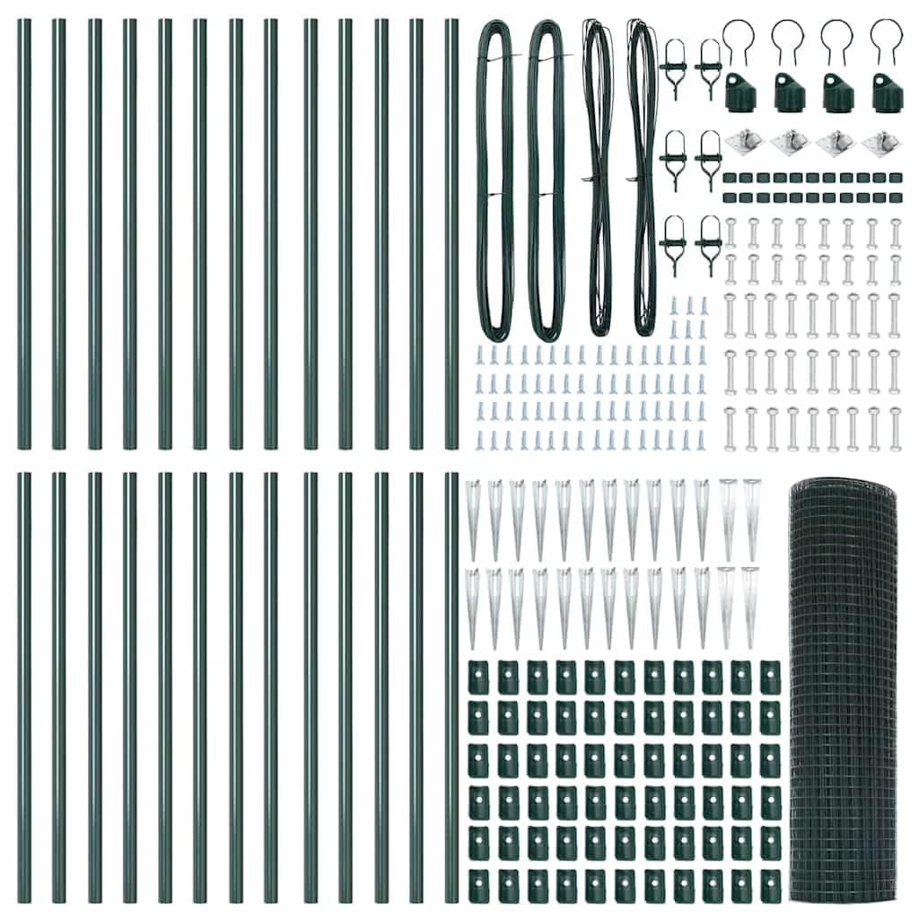 Juego de valla de jardín de acero PVC verde 500 x 100 cm, malla de 25 mm, diseño moderno, postes de montaje robustos para terraza, balcón y camping