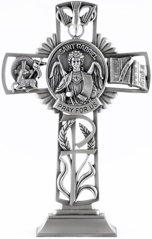 Bethany Collection Standing Cross Pewter Catholic Saint St Gabriel Pray for Us 6 Inch