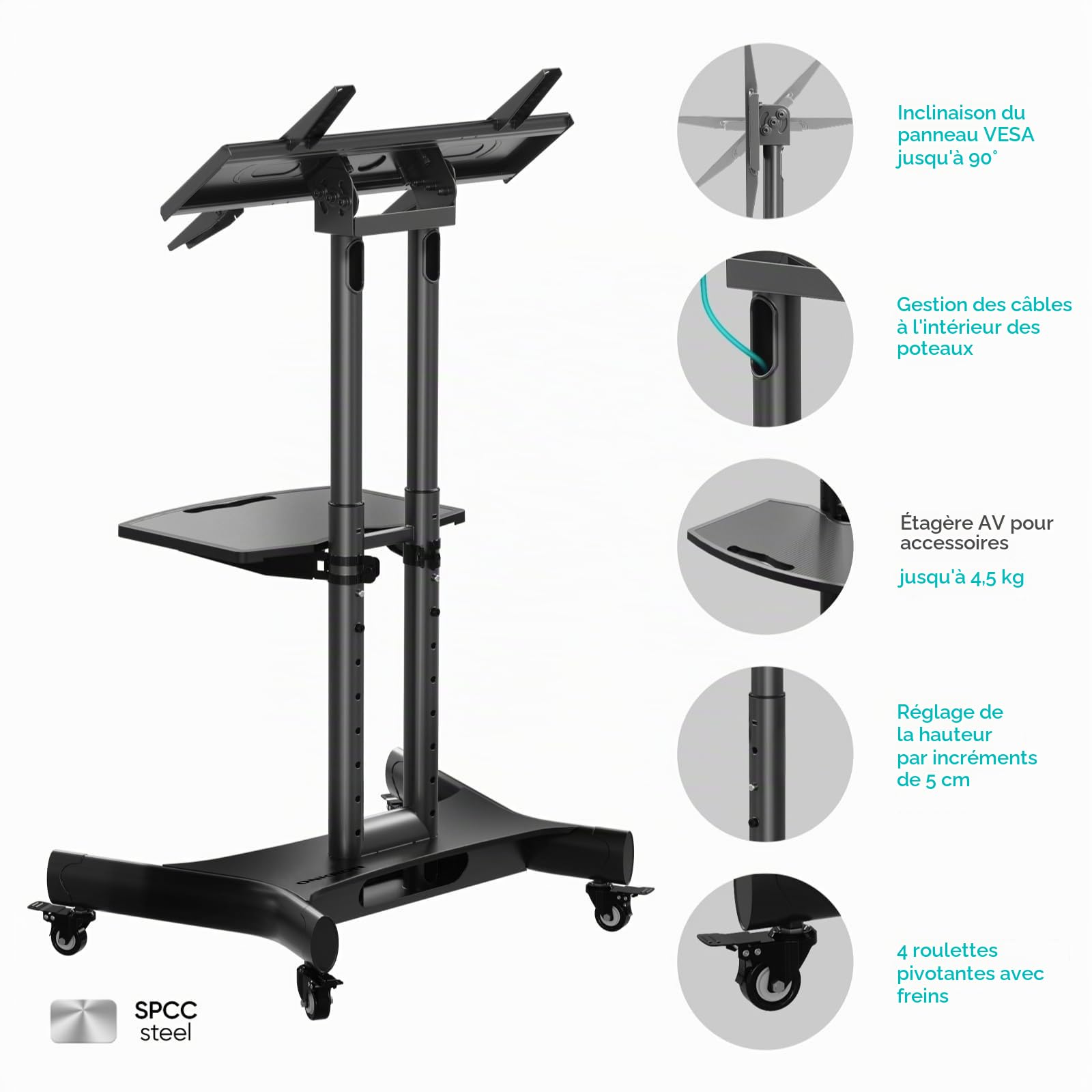 ONKRON Support TV roulettes 32-70 Pouces, 40 kg, Max VESA 600x400, TS1350-B