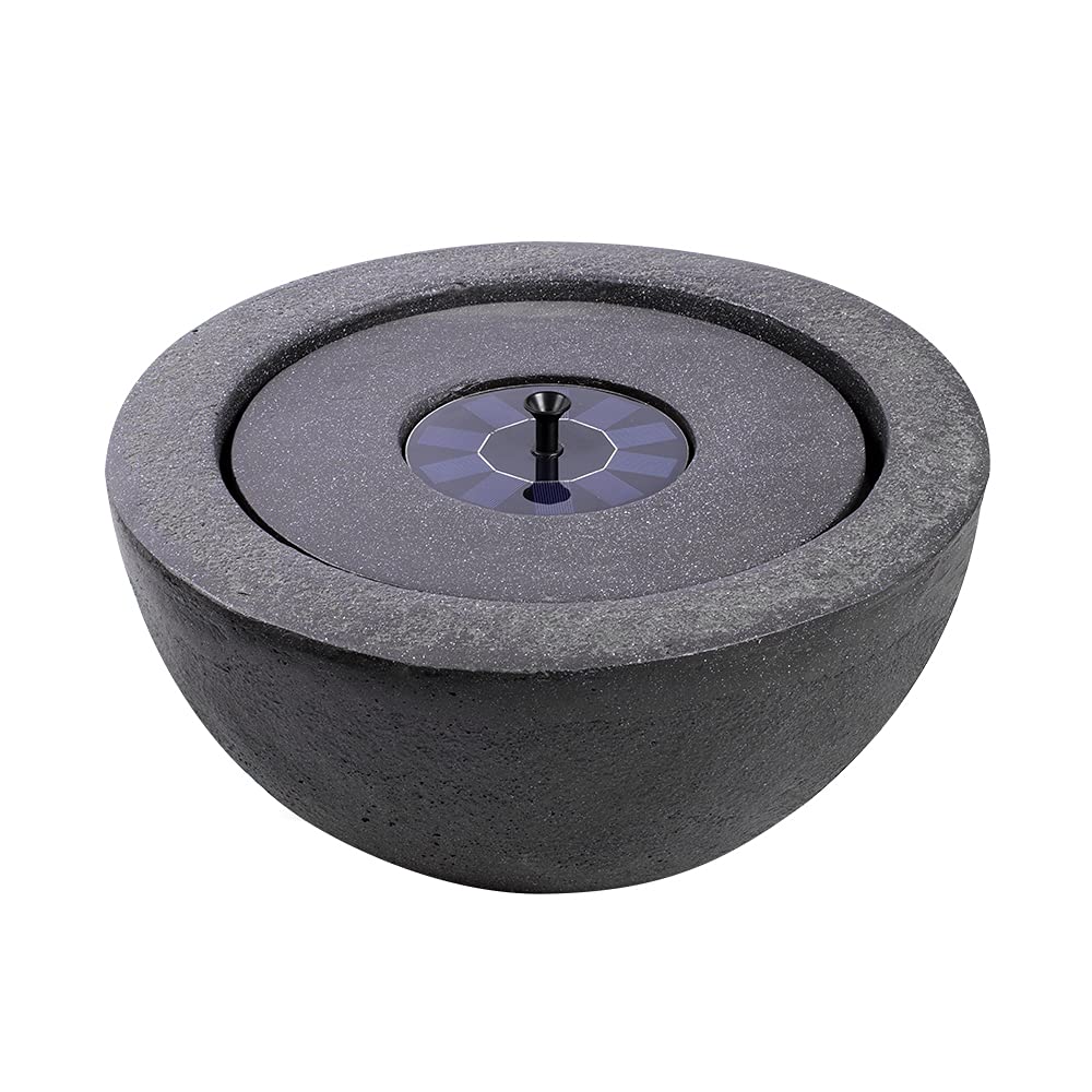Allpondsolutions Dark Grey Bowl Stone Solar Water Feature For The Garden - | Contemporary Modern Outdoor Solar Water Fountain, Self Contained - 50.5 X 50.5 X 24.5Cm