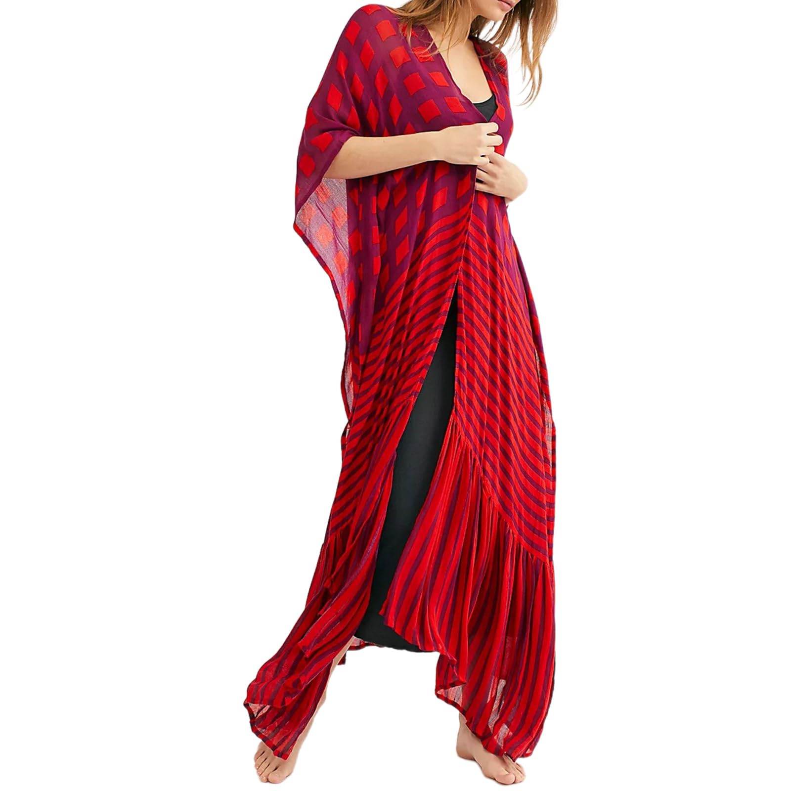Kimono da donna, stile casual, lungo, stile bohémien, cardigan lungo, caftano, copricostume da bagno da donna, pantaloni/vestito