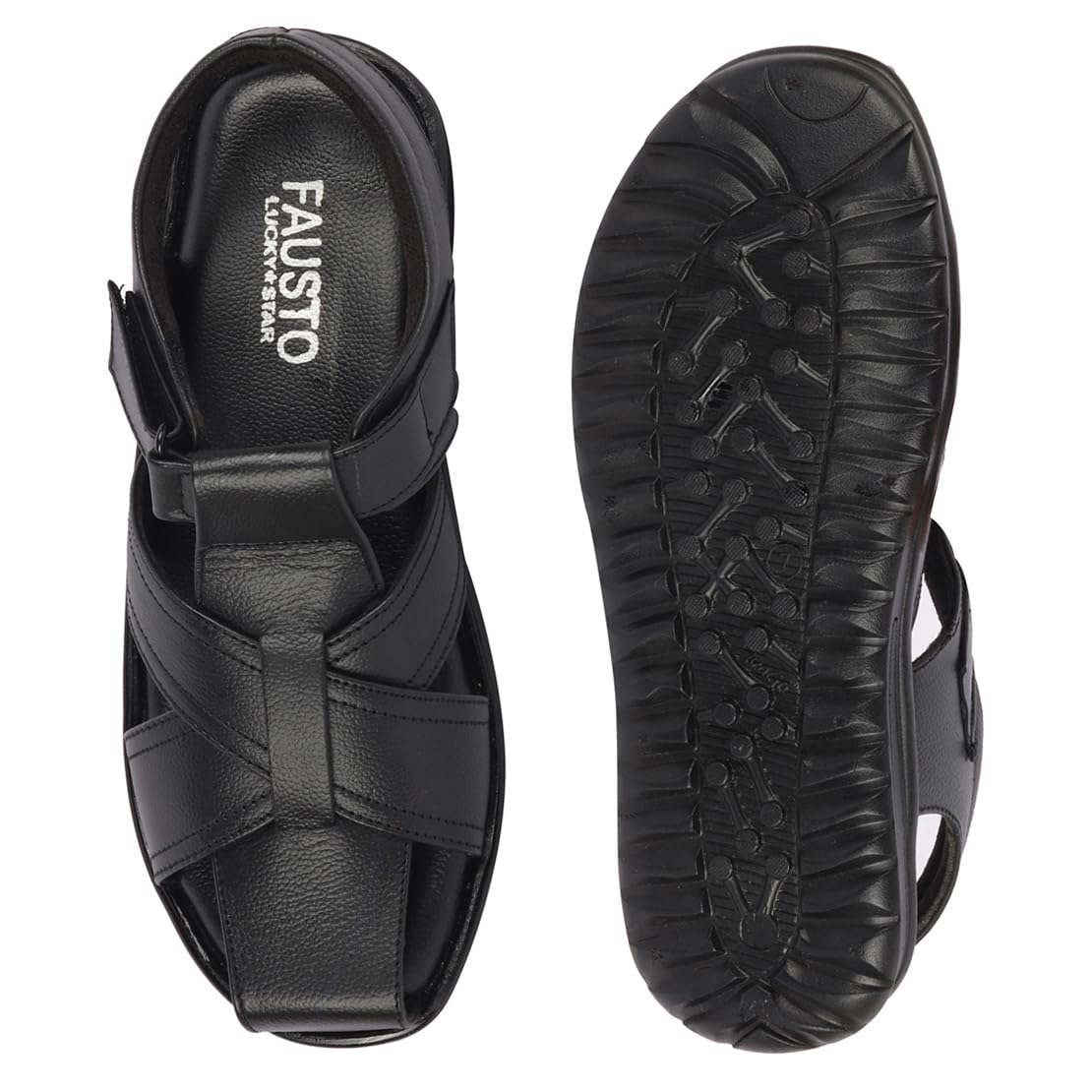 FAUSTO FST FOSMS-2060 BLACK-42 Men's Black Genuine Leather Hook & Loop Closed Toe Fisherman Roman Sandals (8 UK) 4