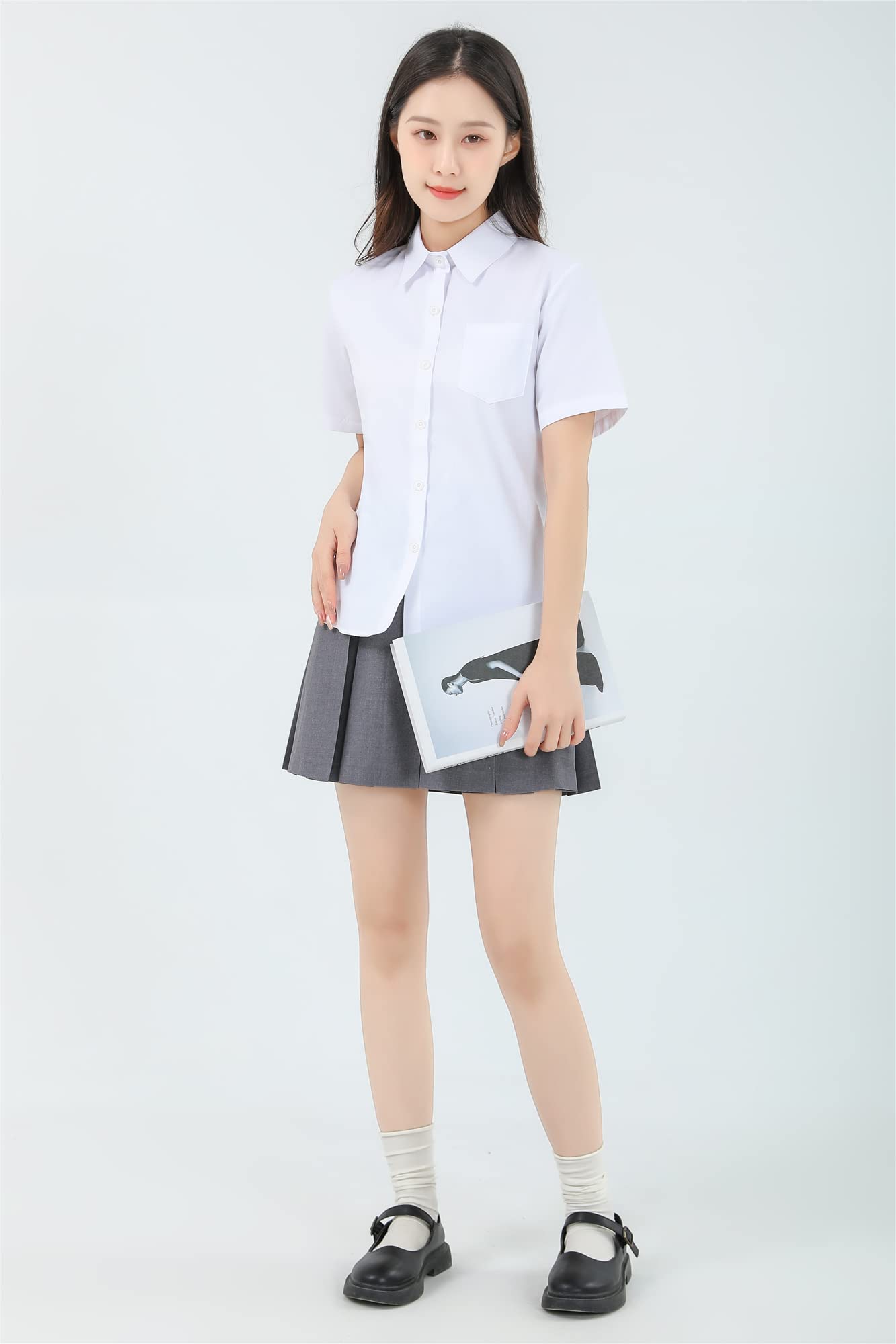 [Sharphon] 女子 スクールシャツ 長袖/半袖 角襟 レディース 無地 綿 シャツ トップス ポケット付 - 5