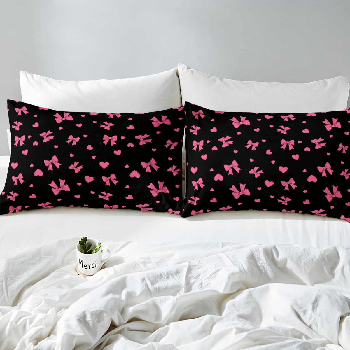 Homemissing Black Pink Bowknot Duvet Cover Set Cot Size For Kids Girls Teens Bedroom Cute Bow Bedding Set Bow Ribbon Comforter Cover with 1 Pillowcase - Image 4