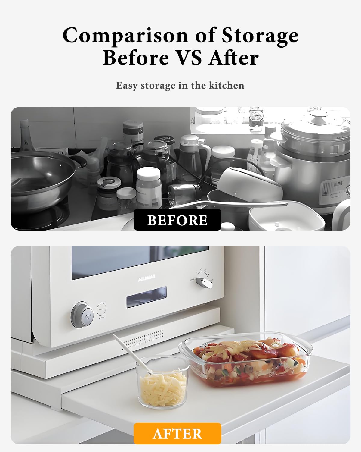 Ripiano Estraibile per Microonde, Mensola Cucina Scorrevole da Appoggio, Supporto Microonde in Acciaio al Carbonio con Maniglia, Organizzatore Bianco Countertop Microwave Organizer