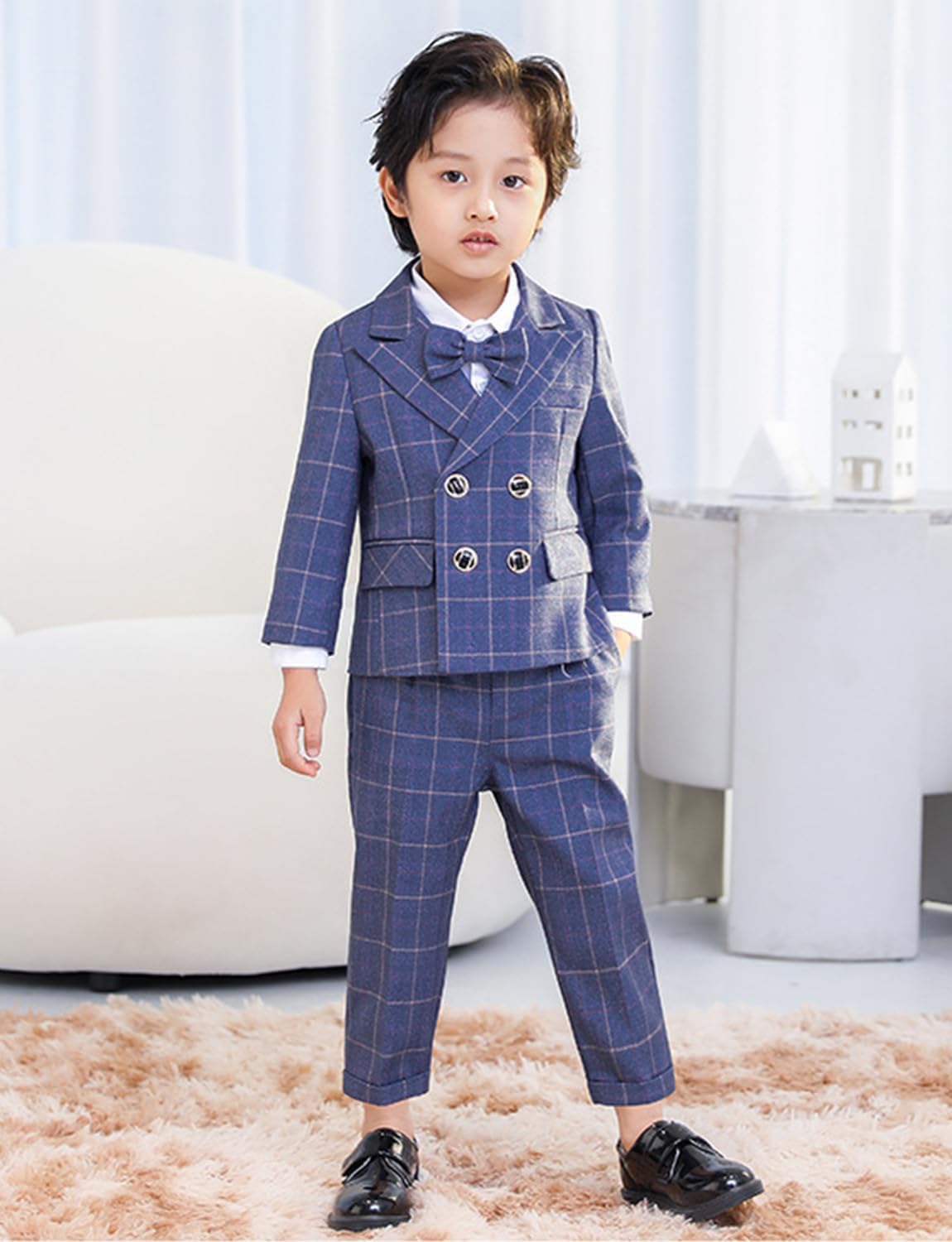 Kromoc Boys' Checked Suit Peak Lapel Double Breasted Jacket Vest Pants 3-Piece for Graduation Party