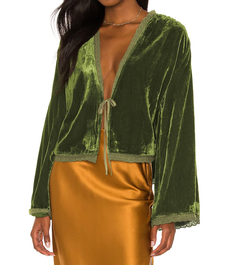 R Vivimos Womens Fall Velvet Casual Jackets Bell Long Sleeve Tie Front Lace Trim Loose Vintage Kimono Cardigan