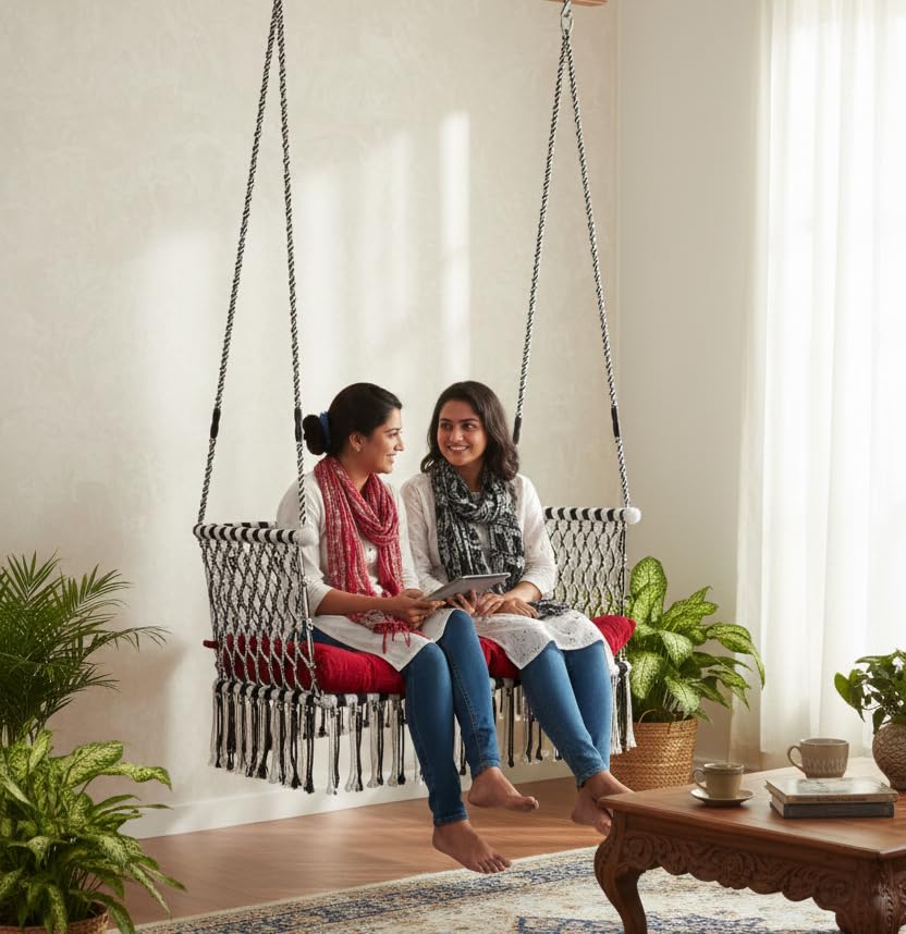 Patiofy Polyester Premium Large Double Seater Swing Chair/Hanging Hammock Swing Chair For 2 People/Jhula For Adults & Kids/ 2 Seater Swing For Balcony,Free Accessories & Cushion Included White-Black-image-30