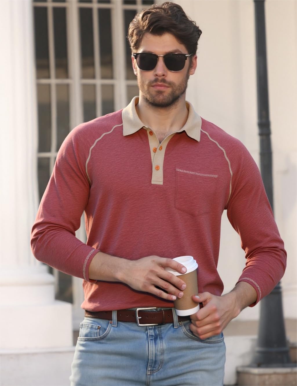 Mens Long Sleeve Polo Shirts with Pocket Fashion Casual Classic Collared Golf Shirt - Image 4