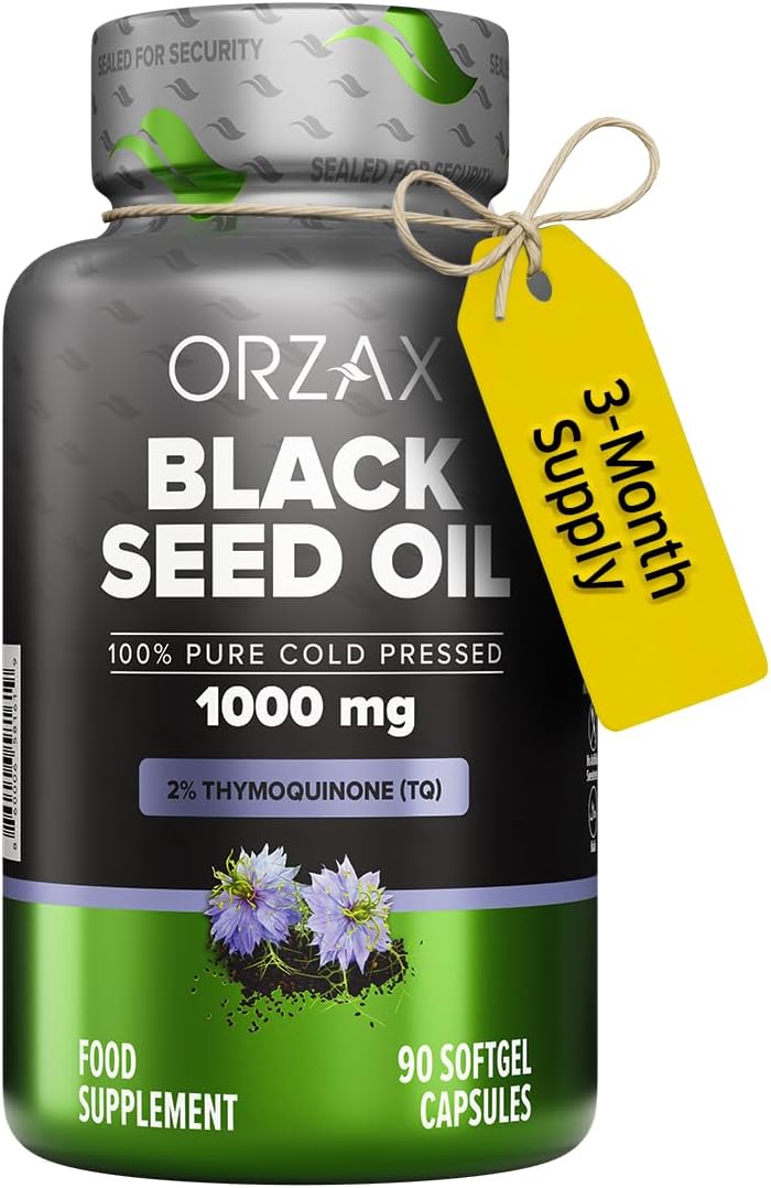 ORZAX Black Seed Oil Capsules 1000mg - High Strength 20mg Thymoquinone - 90 Cold Pressed Nigella Sativa Softgels - Supports Immune, Hair, Skin, and Joint Health