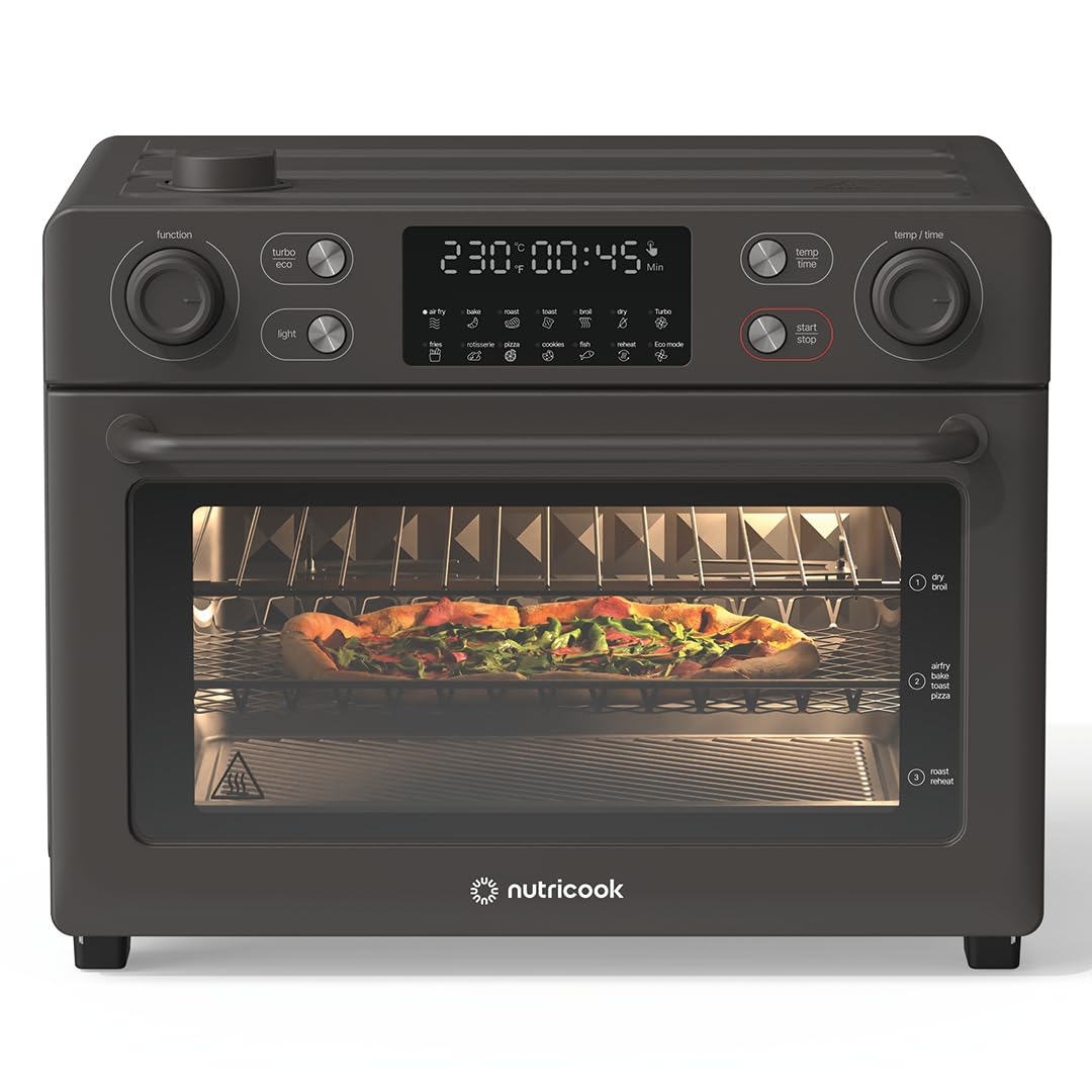 Nutricook Baker’s Oven 12-in-1 Air Fryer Toaster Oven 30L with Steam Infusion | 360° Turbo Convection, Rotisserie | Stainless steel inner cavity, countertop friendly|Beige|NC-AFTO330K|2-Year Warranty Black