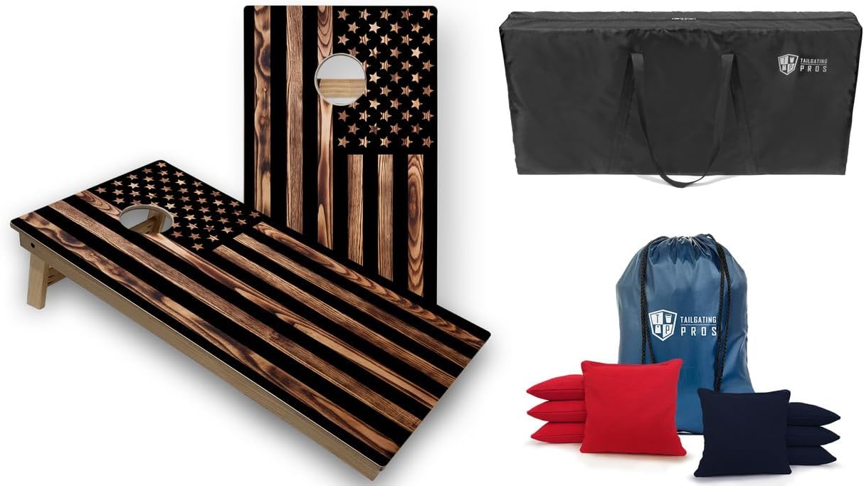 Tailgating Pros Tournament Cornhole Boards - 4'x2' Wooden Pattern Designs Corn Hole Game with Carrying Case & Set of 8 All Weather Bean Bags w/Tote