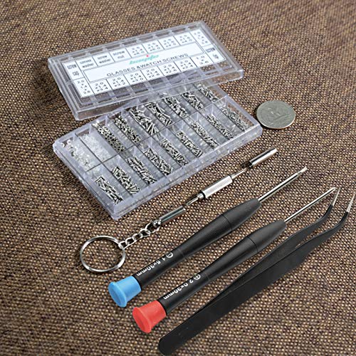 bayite Eyeglass Sunglass Repair Kit Tool with Screws Tweezers Screwdriver Tiny Micro Screws Nuts Assortment Stainless Steel Screws for Spectacles Watch 1000Pcs