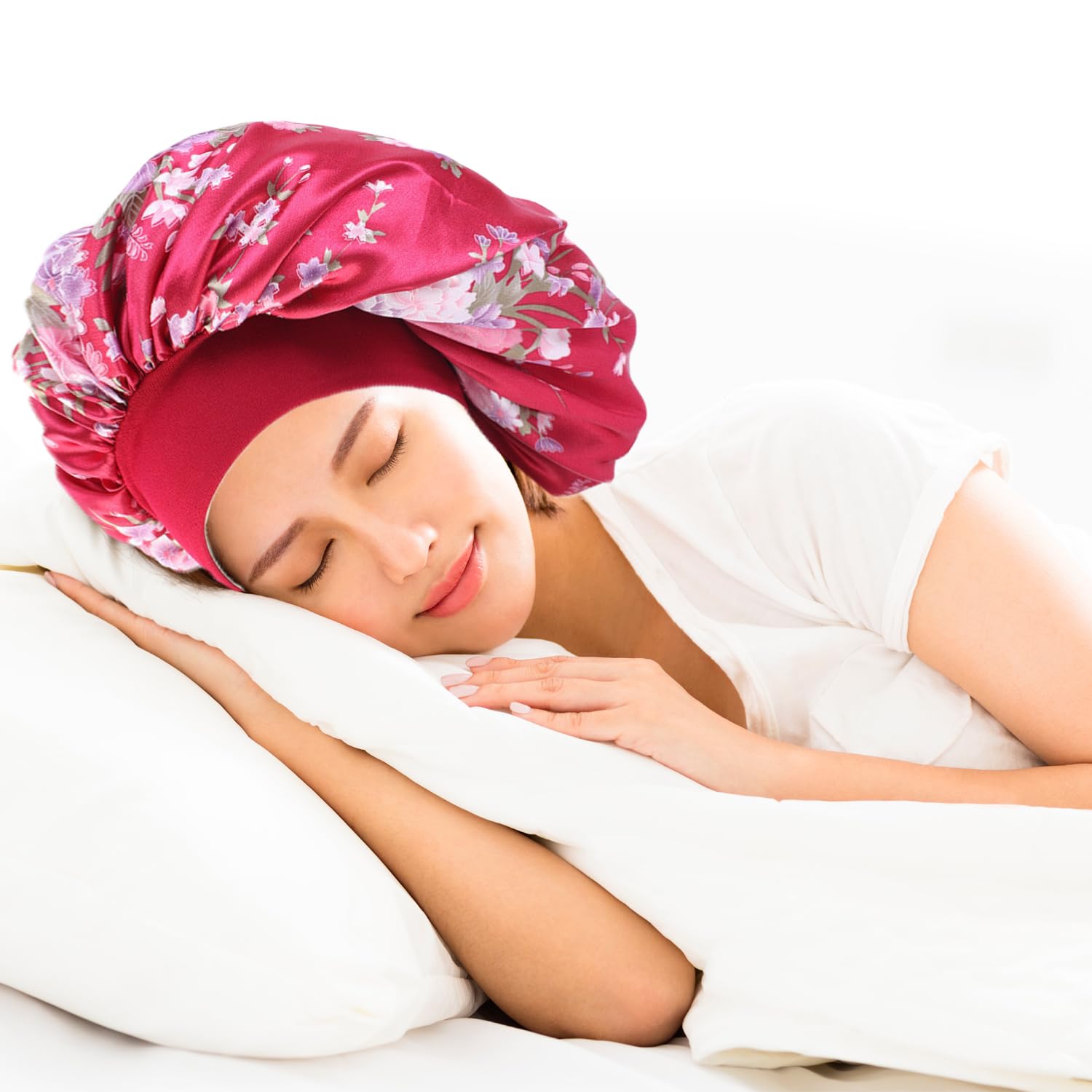 WUBAYI Silk Bonnet & Night Sleeping Cap - 3 Pcs Soft Satin Bonnets for Sleep Care Curly Hair Protection (Blue & Black & Red) - Image 3